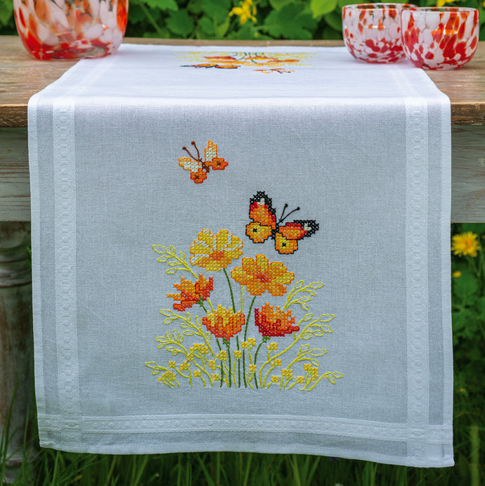 Orange Flowers and Butterflies Stamped Cross Stitch Runner Kit by Vervaco - PN0187941