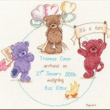 Popcorn Celebration Baby Birth Sampler Cross Stitch Kit (with options for girl or boy) by Vervaco - PN0011205