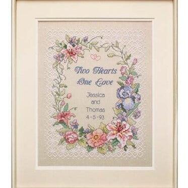 Two Hearts Wedding Record Stamped cross stitch kit by Dimensions