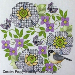 Blackwork Scabious and Chickadee Blackwork Chart by Lesley Teare