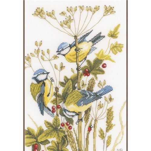 Blue Tits with Red Berries on Table Counted Cross Stitch Kit by Lanarte - PN0153945