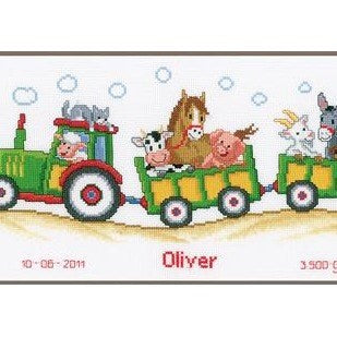 Tractor with Animals Baby Birth Record Counted Cross Stitch Kit by Vervaco - PN0011906